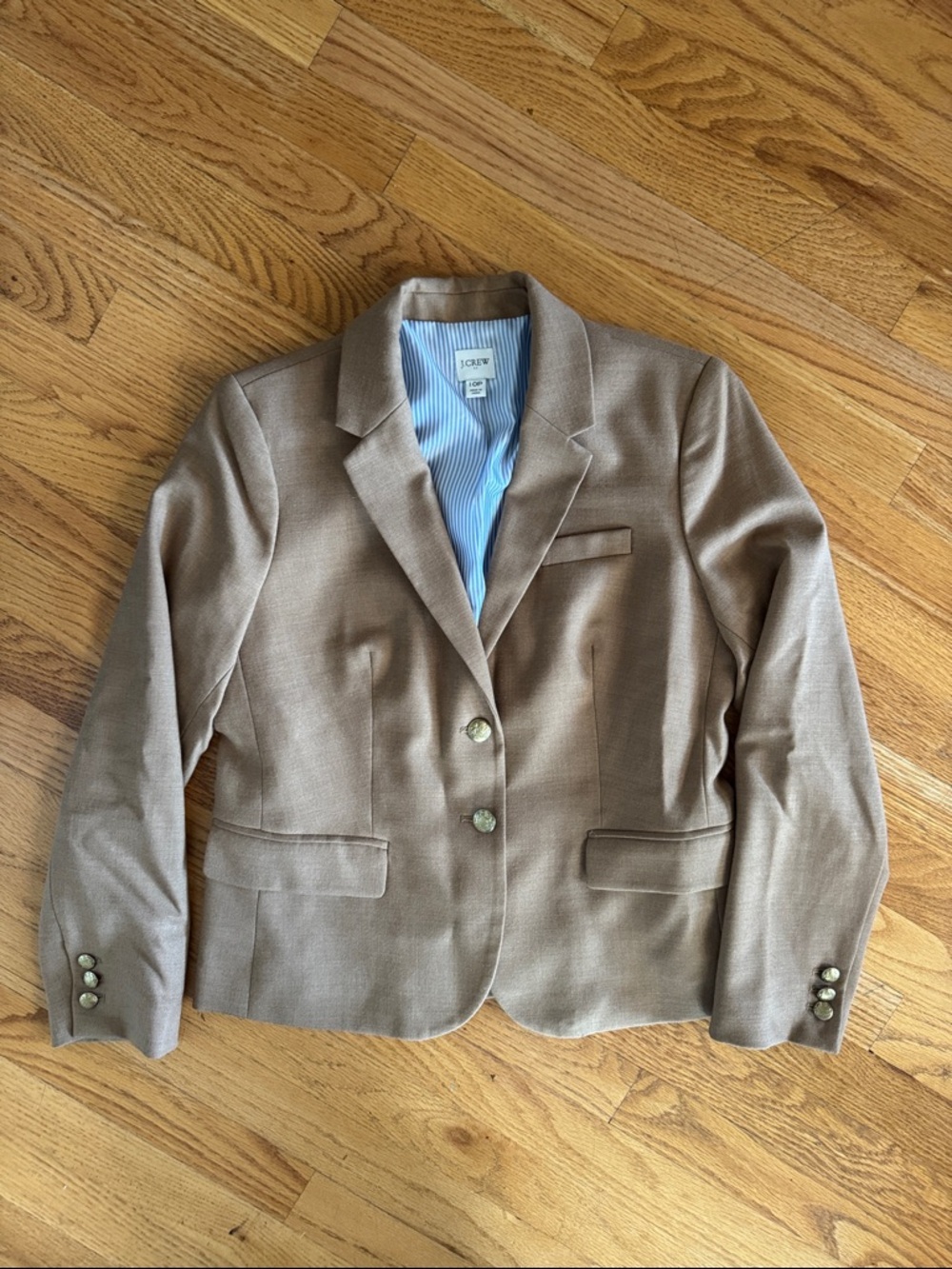 J. Crew Women's Tan Blazer with Light Blue Lining and gold buttons 10 petite